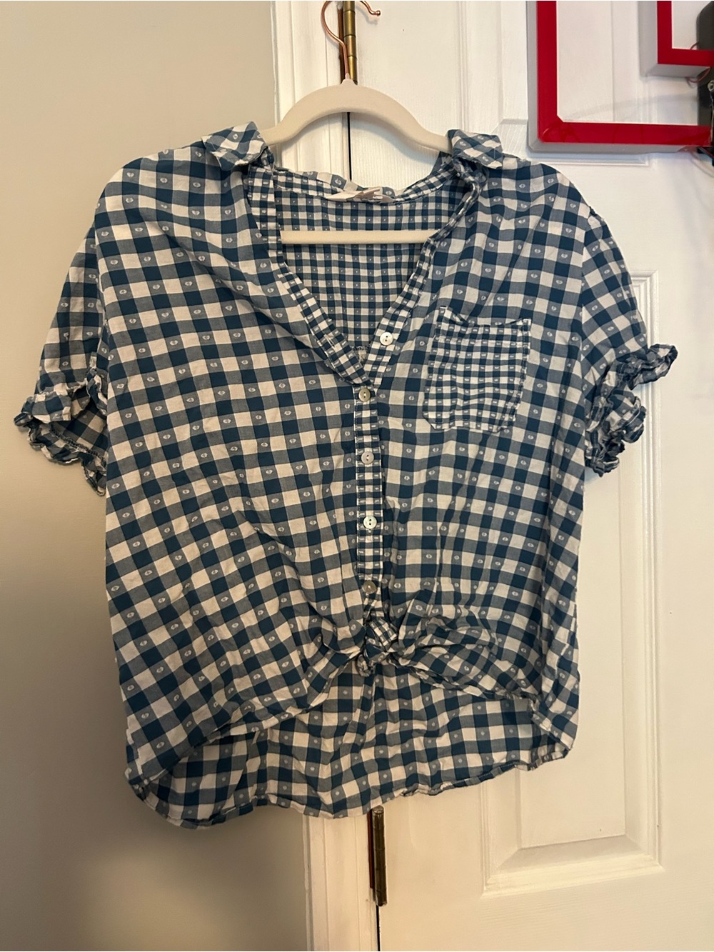 LC Lauren Conrad Blue and White Gingham Tie-Front Button-Up Top